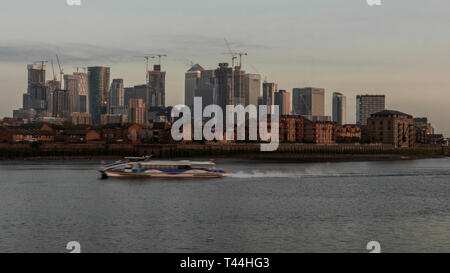 Early morning riverside London with the Canary Wharf view. Stock Photo