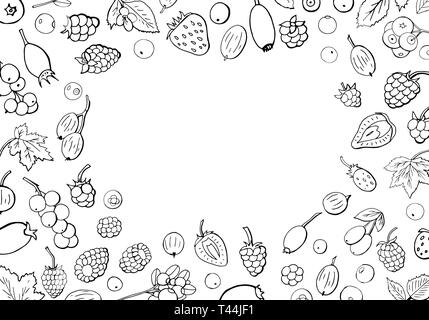 Big collection of different types of berries with space for text. Set of summer berries black and white. Stock Vector