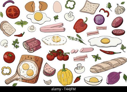 Set of different food for morning breakfast scrambled eggs and vegetables isolated on white. Hand drawn breakfast elements Stock Vector
