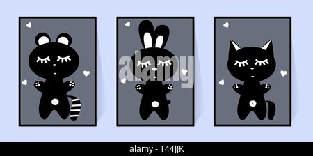 Raccoon, hare and cat. Set of monochrome posters. Vector for childrens room decor. Black and white animals. Illustration of sleeping beasts and white Stock Vector