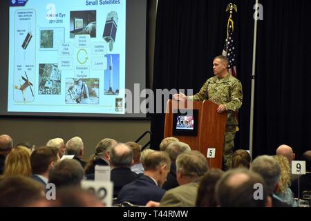 Lt. Gen. James H. Dickinson, commanding general, U.S. Army Space and Missile Defense Command/Army Forces Strategic Command, addresses the Air, Space and Missile Defense Association members during their 24th annual luncheon, Feb. 21 at the Jackson Center in Huntsville, Alabama. He briefed updates on his command, including the work being done with small satellites and in directed energy. Stock Photo