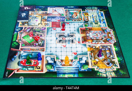 MOSCOW, RUSSIA - APRIL 3, 2019: playfield of Cluedo (Clue) murder mystery board game. This detective themed board game was first manufactured by Waddi Stock Photo