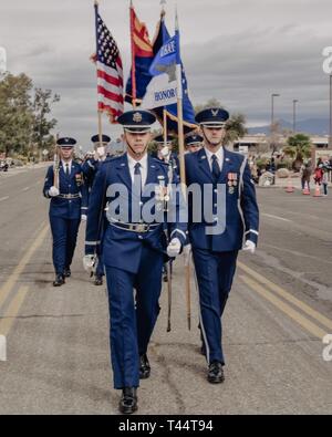 The U.S. Air Force Color Guard participate in the annual rodeo parade in Tucson, Az., on Feb. 21, 2019. Tuscans’ rodeo parade is the longest non-motorized parade in America. Stock Photo