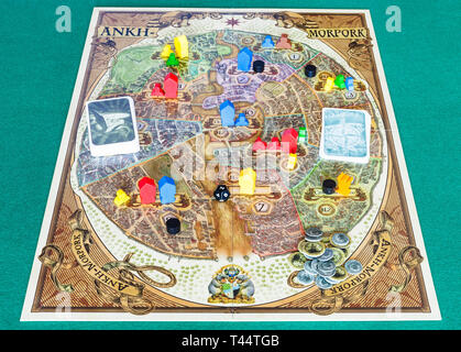MOSCOW, RUSSIA - APRIL 3, 2019: playfield of Discworld: Ankh-Morpork board game. This game was designed by Martin Wallace and Treefrog Games, and firs Stock Photo