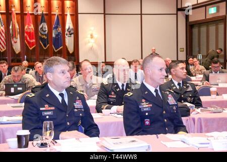 U.S. Army Corps of Engineers Deputy Commanding General Maj. Gen. Michael C. Wehr and Pacific Ocean Division Commander Brig. Gen. Thomas J. Tickner listen to regional situation and service agency construction program briefs during the Bilateral Senior Engineer Conference February 20-22 at the New Sanno Hotel in Tokyo,Japan. Stock Photo