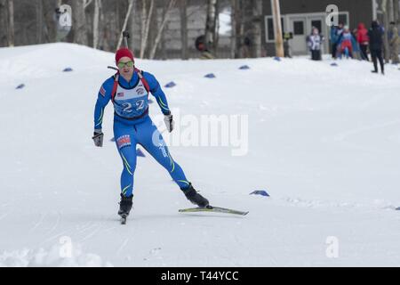 Athletes compete in the 2019 Chief, National Guard Bureau Biathlon Championship Sprint Race, Camp Ethan Allen Training Site, Jericho, Vt., Feb. 24, 2019. The CNGB Championships consist of the sprint, pursuit, patrol, and relay race. Stock Photo