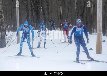 Athletes compete in the 2019 Chief, National Guard Bureau Biathlon Championship Sprint Race, Camp Ethan Allen Training Site, Jericho, Vt., Feb. 24, 2019. The CNGB Championships consist of the sprint, pursuit, patrol, and relay race. Stock Photo