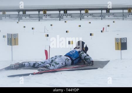 Athletes compete in the 2019 Chief, National Guard Bureau Biathlon Championship Sprint Race, Camp Ethan Allen Training Site, Jericho, Vt., Feb. 24, 2019. The CNGB Championships consist of the sprint, pursuit, patrol, and relay race. Stock Photo