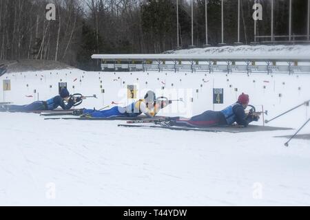 Athletes compete in the 2019 Chief, National Guard Bureau Biathlon Championship Sprint Race, Camp Ethan Allen Training Site, Jericho, Vt., Feb. 24, 2019. The CNGB Championships consist of the sprint, pursuit, patrol, and relay race. Stock Photo