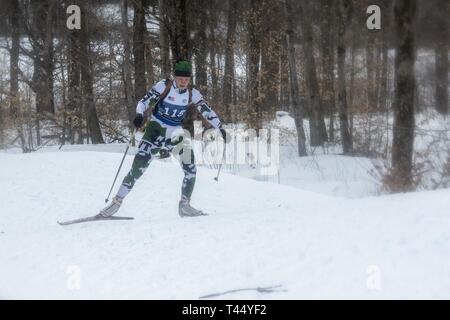 Athletes compete in the 2019 Chief, National Guard Bureau Biathlon Championship Sprint Race, Camp Ethan Allen Training Site, Jericho, Vt., Feb. 24, 2019. The CNGB Championships consist of the sprint, pursuit, patrol, and relay race. Stock Photo