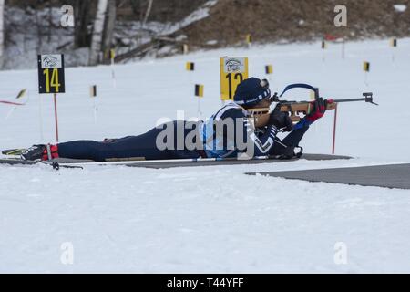 Athletes compete in the 2019 Chief, National Guard Bureau Biathlon Championship Sprint Race, Camp Ethan Allen Training Site, Jericho, Vt., Feb. 24, 2019. The CNGB Championships consist of the sprint, pursuit, patrol, and relay race. Stock Photo