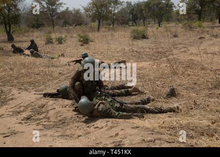 A Nigerien soldier renders first aid to a notional casualty during training at Exercise Flintlock 2019 near Po, Burkina Faso, Feb. 26, 2019. Approximately 2,000 service members from more than 30 African and western partner nations are participating in Flintlock 2019 at multiple locations in Burkina Faso and a key outstation in Mauritania. Stock Photo