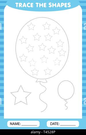 stars in a balloon, training for children, drawing tasks. circle the star of the shape around the contour. Stock Vector
