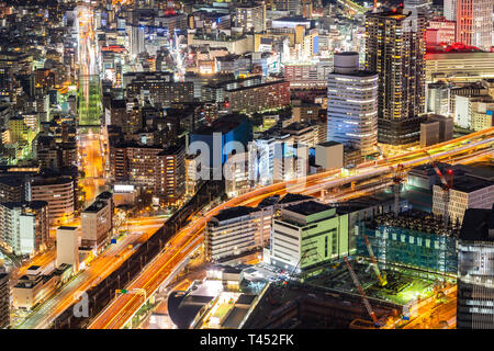 Aerial view street light illumination in Yokohama City Japan. Yokohama is the second largest city in Japan by population. Stock Photo