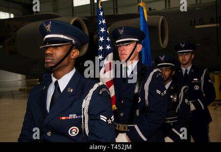 The Travis Air Force Base Honor Guard prepares to present the colors before a Science, Technology, Engineering, Art and Math event at Travis Air Force Base, California, Feb. 27, 2019. The event titled X-STEM at Travis was the first of its kind on an Air Force installation and featured a ‘TED’ style symposium with four guest speakers from STEM career fields. The event covered a wide array of subject areas such as space exploration, storm chasing, oceanography, the science of social networks, the physics of superheroes and mathematical puzzles. The students also got to see a performance from the Stock Photo