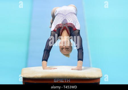 Szczecin, West Pomeranian, Poland. April 13, 2019 - Szczecin, West Pomeranian, Poland - Angelina Melnikova from Russia seen in action during the Apparatus Finals of 8th European Championships in Artistic Gymnastics Credit: Mateusz Slodkowski/SOPA Images/ZUMA Wire/Alamy Live News Stock Photo