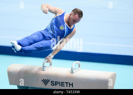 Szczecin, West Pomeranian, Poland. April 13, 2019 - Szczecin, West Pomeranian, Poland - Oleg Verniaiev from Ukraine seen in action during the Apparatus Finals of 8th European Championships in Artistic Gymnastics Credit: Mateusz Slodkowski/SOPA Images/ZUMA Wire/Alamy Live News Stock Photo
