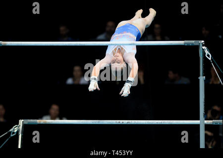 Szczecin, West Pomeranian, Poland. April 13, 2019 - Szczecin, West Pomeranian, Poland - Sanna Veerman from Netherlands seen in action during the Apparatus Finals of 8th European Championships in Artistic Gymnastics Credit: Mateusz Slodkowski/SOPA Images/ZUMA Wire/Alamy Live News Stock Photo