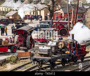 Beamish Museum, Beamish, Durham County, England, United Kingdom, 13 April 2019. Beamish Steam Day: Vintage steam locomotive, vintage cars and vehicles on display at Beamish Living Museum at Pit Colliery on family fun day Stock Photo