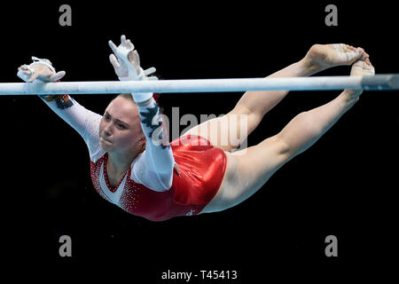 Szczecin, West Pomeranian, Poland. April 13, 2019 - Szczecin, West Pomeranian, Poland - Anastasiia Iliankova from Russia seen in action during the Apparatus Finals of 8th European Championships in Artistic Gymnastics Credit: Mateusz Slodkowski/SOPA Images/ZUMA Wire/Alamy Live News Stock Photo
