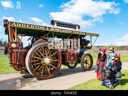 Beamish, Durham County, England, United Kingdom, 13 April 2019. Beamish Steam Day: Steampunk enthusiasts at Beamish Living Museum admiring an Anderton & Rowland steam traction engine Stock Photo