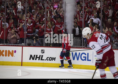 Washington, DC, USA. 13th Apr, 2019. Washington Capitals center Nicklas Backstrom (19) celebrates after scoring on Carolina Hurricanes goaltender Petr Mrazek (34) during the first period at Capital One Arena in Washington, DC on April 12, 2019. The Washington Capitals lead the best of seven series with one win. Photo by Alex Edelman/UPI Credit: Alex Edelman/ZUMA Wire/Alamy Live News Stock Photo