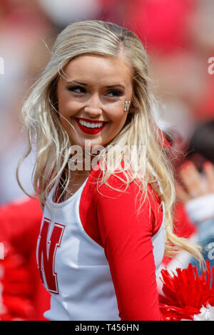 Lincoln, NE. USA. 13th Apr, 2019. Nebraska cheerleader in action during the Red vs White spring football game at Memorial Stadium in Lincoln, NE.Red won 24-13.Attendance: 85,946. Credit: Cal Sport Media/Alamy Live News Stock Photo