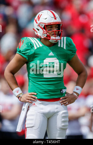 Lincoln, NE. USA. 13th Apr, 2019. Adrian Martinez #2 in action during the Red vs White spring football game at Memorial Stadium in Lincoln, NE.Red won 24-13.Attendance: 85,946. Credit: Cal Sport Media/Alamy Live News Stock Photo