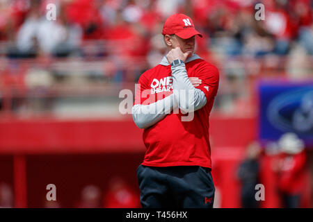 Lincoln, NE. USA. 13th Apr, 2019. Nebraska head coach Scott Frost in action during the Red vs White spring football game at Memorial Stadium in Lincoln, NE.Red won 24-13.Attendance: 85,946. Credit: Cal Sport Media/Alamy Live News Stock Photo