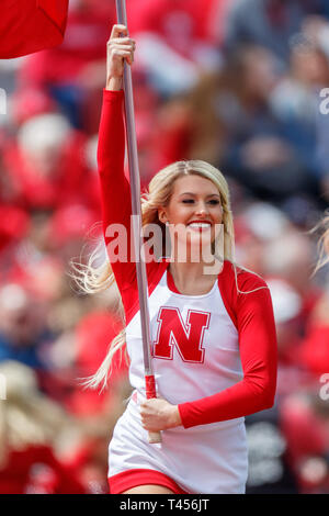 Lincoln, NE. USA. 13th Apr, 2019. Nebraska cheerleader in action during the Red vs White spring football game at Memorial Stadium in Lincoln, NE.Red won 24-13.Attendance: 85,946. Credit: Cal Sport Media/Alamy Live News Stock Photo