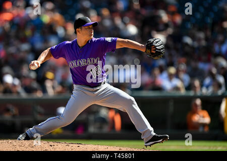 San Francisco, California, USA. 13th Apr, 2019. Colorado Rockies relief pitcher Seunghwan Oh (18) in action during the MLB game between the Colorado Rockies and the San Francisco Giants at Oracle Park in San Francisco, California. Chris Brown/CSM/Alamy Live News Stock Photo