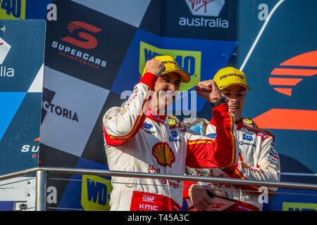 Phillip Island, Victoria, Australia. 14th Apr 2019. Virgin Australian Supercars Championship WD40 Phillip Island 500 - Podium for race ten.In second  Position No.17 Scott McLaughlin racing for Shell V Power Racing Team - DJR Team Penske.Image Credit Brett Keating/Alamy Live News Credit: brett keating/Alamy Live News Stock Photo