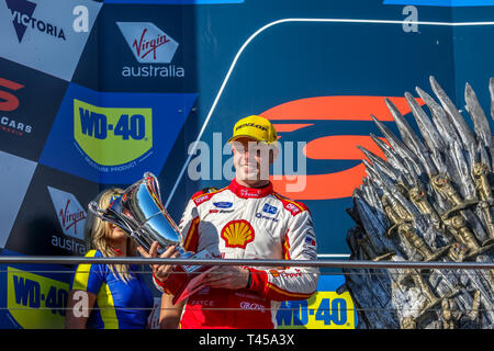 Phillip Island, Victoria, Australia. 14th Apr 2019. Virgin Australian Supercars Championship WD40 Phillip Island 500 - Podium for race ten.In second  Position No.17 Scott McLaughlin racing for Shell V Power Racing Team - DJR Team Penske.Image Credit Brett Keating/Alamy Live News Credit: brett keating/Alamy Live News Stock Photo