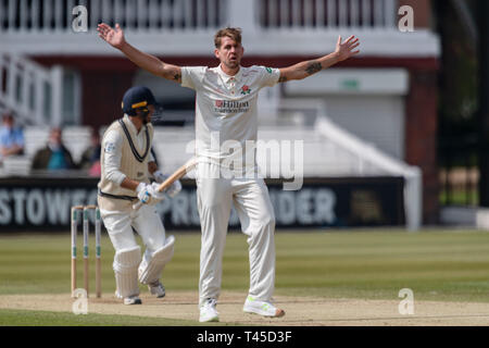 London, UK. 14th Apr, 2019. Tom Bailey of Lancashire looks disappoint with his bowling during Specsavers County Championship match between Middlesex vs Lancashire at The Lord's Cricket Ground on Sunday, April 14, 2019 in  London England. (Editorial use only, license required for commercial use. No use in betting, games or a single club/league/player publications.) Credit: Taka G Wu/Alamy Live News Stock Photo