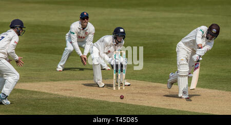 London, UK. 14 April, 2019. Rory Biurns batting as Surrey take on Essex on the final day of the Specsavers County Championship match at the Kia Oval. David Rowe/ Alamy Live News Stock Photo