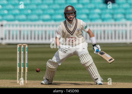 London, UK. 14 April, 2019. Ollie Pope, batting as Surrey take on Essex on the final day of the Specsavers County Championship match at the Kia Oval. David Rowe/ Alamy Live News Stock Photo