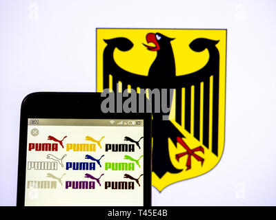 Kiev, Ukraine. 14th Apr, 2019. In this photo illustration a Puma SE logo seen displayed on a smart phone. Credit: Igor Goiovniov/SOPA Images/ZUMA Wire/Alamy Live News Stock Photo