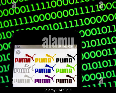 Kiev, Ukraine. 14th Apr, 2019. In this photo illustration a Puma SE logo seen displayed on a smart phone. Credit: Igor Goiovniov/SOPA Images/ZUMA Wire/Alamy Live News Stock Photo