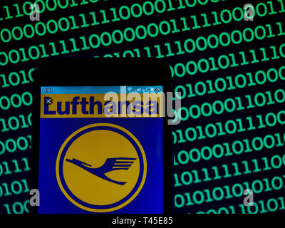 Kiev, Ukraine. 14th Apr, 2019. In this photo illustration a Deutsche Lufthansa AG logo seen displayed on a smart phone. Credit: Igor Goiovniov/SOPA Images/ZUMA Wire/Alamy Live News Stock Photo
