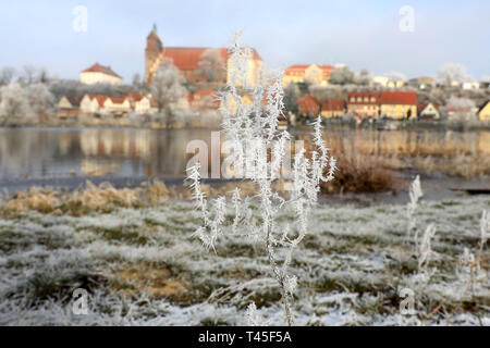Havelberg, Germany. 21st Jan, 2019. The town Havelberg with the cathedral St. Marien and the many small houses is covered with winter frost. The many precipitations in the last days let the level of the Havel rise. Credit: Peter Gercke/dpa-Zentralbild/ZB/dpa/Alamy Live News Stock Photo