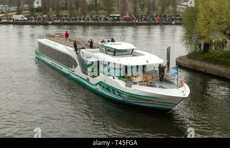 Potsdam, Germany. 14th Apr, 2019. The MV 'Schwielowsee', the new hybrid ship of Schifffahrt Potsdam, departs from the harbour for its maiden voyage. The passenger ship later took part in the White Fleet parade. Credit: Paul Zinken/dpa/Alamy Live News Stock Photo