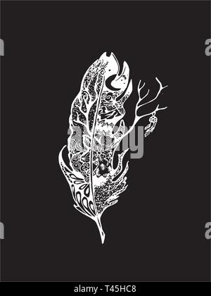 Color illustration with stylized feather with deer, night sky, tree and dream catcher. Stock Vector