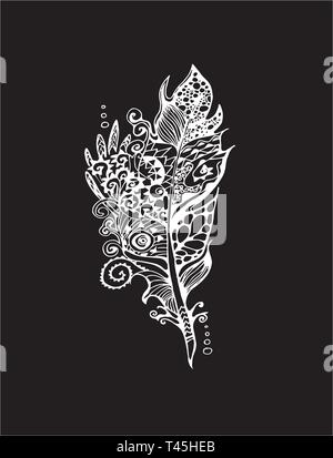Illustration with stylized feathers with doodle patterns. Chalk on a blackboard. Stock Vector
