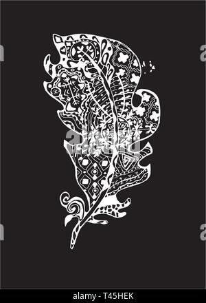 Illustration with stylized feathers with doodle patterns. Chalk on a blackboard Stock Vector