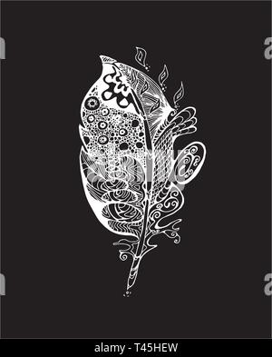 Illustration with stylized feathers with doodle patterns. Chalk on a blackboard. Stock Vector