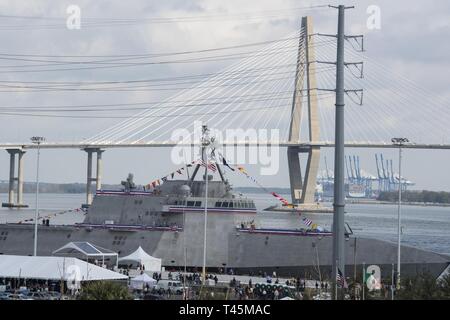 The USS Charleston (LCS-18) is docked at the Port of Charleston, S.C., after its commissioning ceremony March 2, 2019. The USS Charleston—a Littoral Combat Ship intended for more shallow waters than typical Navy vessels—is the sixth naval ship named after the city. Although the ship will be stationed in San Diego, CA, the captain and members of the crew will make annual trips to Charleston to interact with the city and work with the Navy League of Charleston to maintain the relationship between the namesake city and the ship. Stock Photo