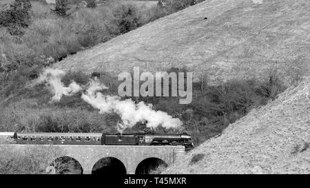 Flying Scotsman pass the bridge at Corfe Castle hill, Dorset, UK Stock Photo