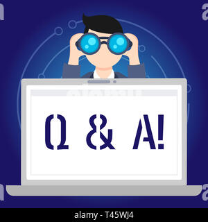 Text sign showing Q And A. Business photo text defined as questions being asked and answers Man Holding and Looking into Binocular Behind Open Blank S Stock Photo