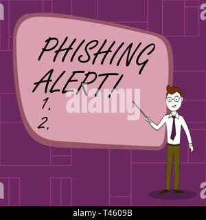 Text sign showing Phishing Alert. Business photo showcasing direct user visit site where they asked demonstratingal information Confident Man in Tie,  Stock Photo