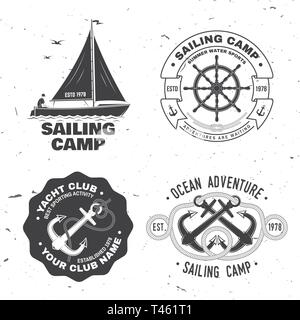 Set of summer sailing camp badge. Vector illustration. Concept for shirt, print, stamp or tee. Vintage typography design with black sea anchors and rope knot silhouette. Best Sporting Activity Stock Vector